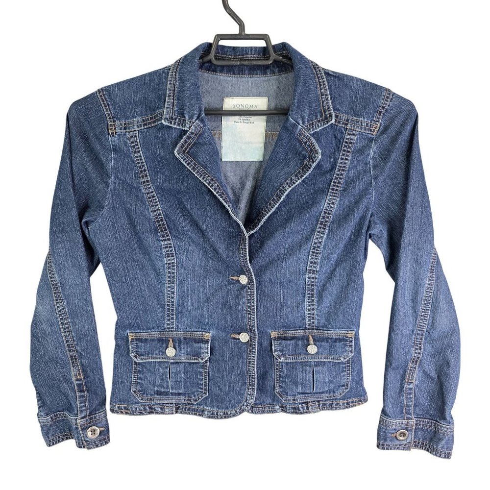 Womens Sonoma Denim Blazer Jacket Button Front Two Pocket Cotton Blend Size L